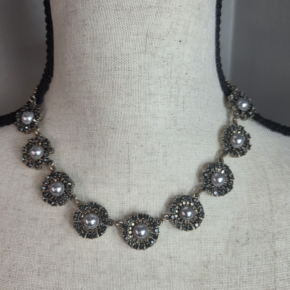 ruff-skch necklace earring set faux pearl rhinestone halo gold tone round